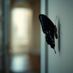 borboleta preta pousada dentro de casa em ambiente iluminado simbolizando reflexão