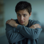 Homem em ambiente interno simples reagindo a um calafrio inesperado, com leve contração dos braços e expressão de surpresa