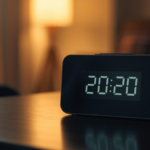 Relógio digital marcando 20:20 em ambiente noturno com iluminação suave e atmosfera tranquila
