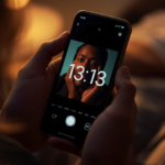 Celular mostrando 13:13 com iluminação suave e ambiente acolhedor