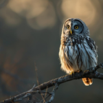 coruja pousada em galho com olhar atento em ambiente calmo ao entardecer