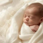 Bebê recém-nascido dormindo em manta branca com luz suave, representando sonhar com bebê recém-nascido