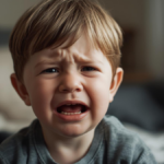 Criança pequena chorando em ambiente interno com iluminação suave