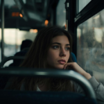 Pessoa sentada dentro de um ônibus olhando pela janela durante viagem em clima reflexivo