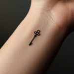 Tatuagem de chave delicada no pulso com iluminação suave.