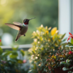 beija-flor pairando em varanda com plantas em ambiente tranquilo e iluminado naturalmente