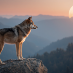 Lobo observando a paisagem em ambiente natural, símbolo associado à cooperação, adaptação e independência.